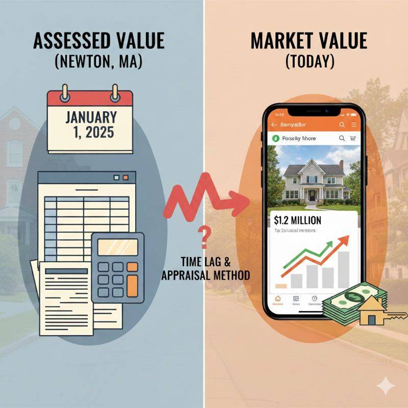 Illustration comparing a Newton home’s assessed value, set as of January 1, with its higher market value today