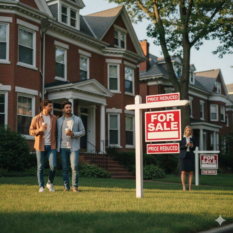 A couple walks past a brick colonial with a For Sale sign marked Price Reduced