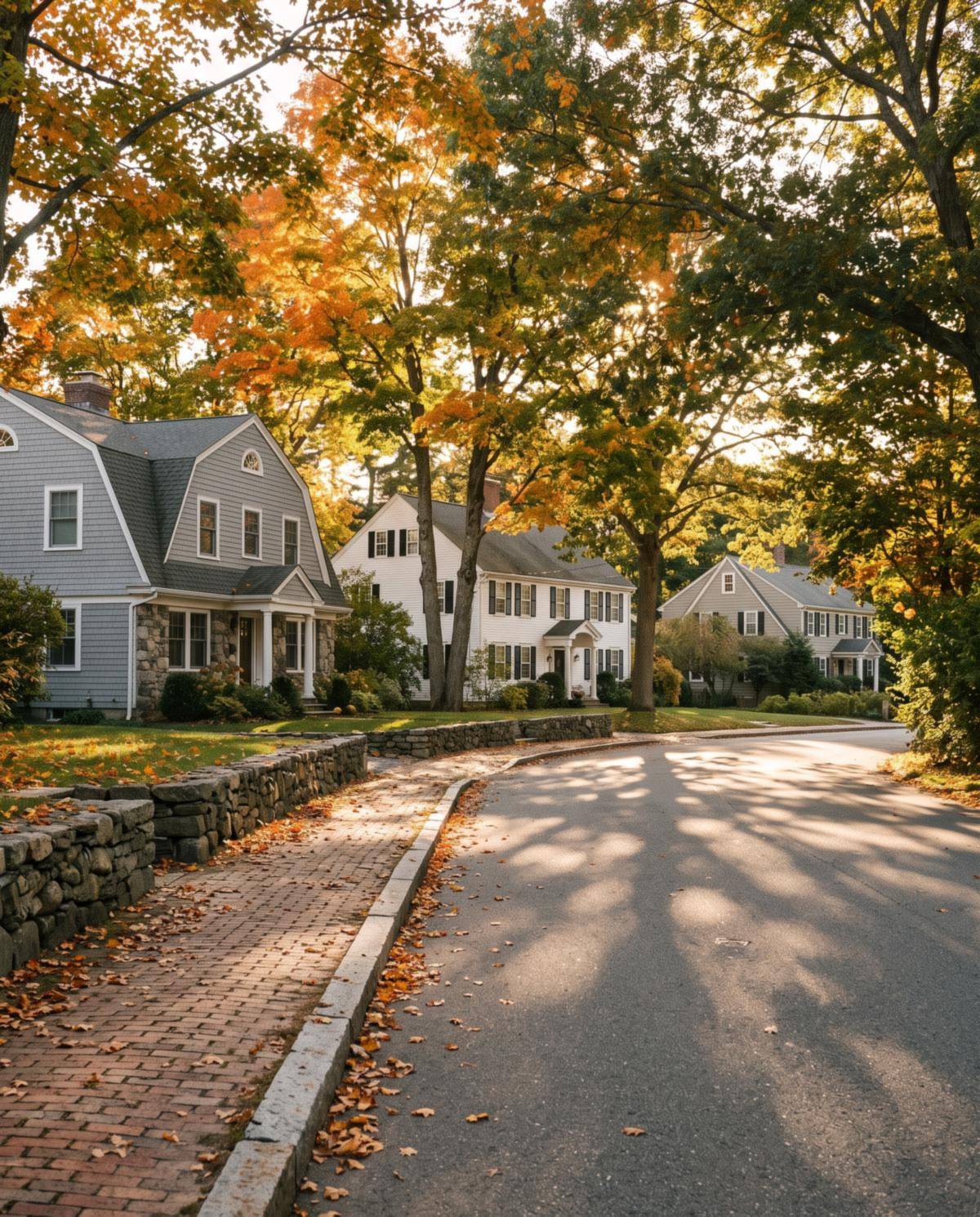 A tree-lined Greater Boston street in autumn